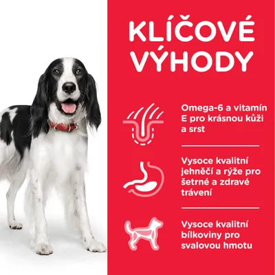 Text v češtine: KLÍČOVÉ VÝHODY. Omega-6 a vitamín E pro krásnou kůži a srst, vysoce kvalitní jehněčí a rýže pro šetrné a zdravé trávení, vysoce kvalitní bílkoviny pro svalovou hmotu.