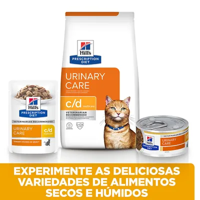 Hill's Prescription Diet Urinary Care c/d multicare para gatos em embalagem seca, húmida e lata. Texto: Experimente as deliciosas variedades de alimentos secos e húmidos.
