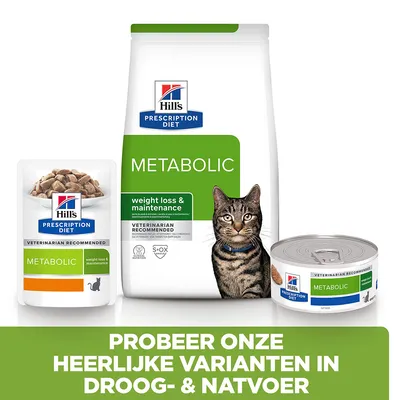 Hill's Prescription Diet Metabolic kattenvoer, droog- en natvoer, zichtbaar: zak, blik, pouch. Tekst: 'Probeer onze heerlijke varianten in droog- & natvoer'.
