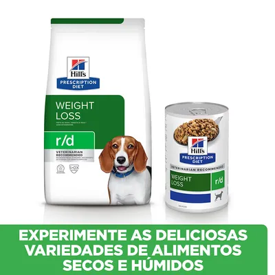 Hill's Prescription Diet Weight Loss r/d seco e húmido para cães. Texto: Experimente as deliciosas variedades de alimentos secos e húmidos.