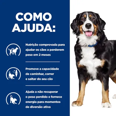 Texto: Como ajuda: Nutrição comprovada para ajudar os cães a perderem peso em 2 meses. Promove a capacidade de caminhar, correr e saltar do seu cão. Ajuda a não recuperar o peso perdido.
