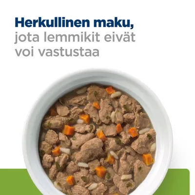Teksti: Herkullinen maku, jota lemmikit eivät voi vastustaa. Valkoinen kulho, jossa lihapaloja, porkkanakuutioita ja riisiä kastikkeessa.