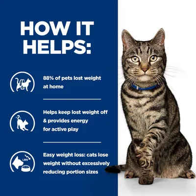 Szöveg angolul: How it helps: 88% of pets lost weight at home; Helps keep lost weight off & provides energy for active play; Easy weight loss: cats lose weight without excessively reducing portion sizes.