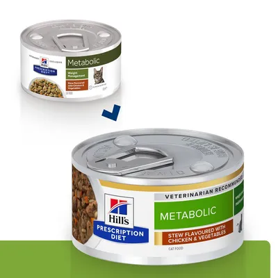 Scatoletta Hill's Prescription Diet Metabolic per gatti, stew flavoured with chicken & vegetables, etichetta verde e arancione, raccomandato dal veterinario, immagine di cibo e gatto. Scatoletta Hill's Prescription Diet Metabolic per gatti, stew flavoured with chicken & vegetables, etichetta verde e arancione, raccomandato dal veterinario, immagine di cibo e gatto.