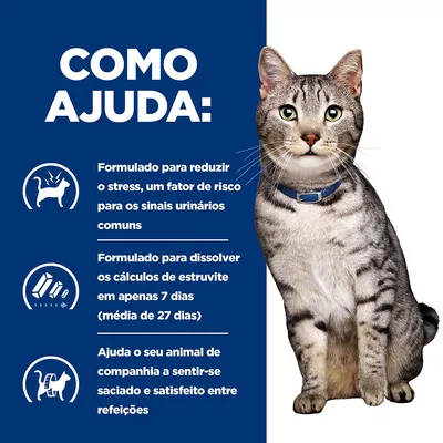 Texto: Como ajuda: formulado para reduzir o stress, dissolver cálculos de estruvite em 7 dias (média de 27), ajuda o animal a sentir-se saciado entre refeições. Gato ao lado.