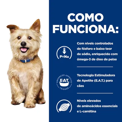 Como funciona: níveis controlados de fósforo e baixo sódio, enriquecido com ómega-3; Tecnologia Estimuladora de Apetite (E.A.T.) para cães; aminoácidos essenciais e L-carnitina elevados.