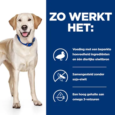 Tekst: Zo werkt het: Voeding met een beperkte hoeveelheid ingrediënten en één dierlijke eiwitbron, samengesteld zonder soja-eiwit, een hoog gehalte aan omega 3-vetzuren.