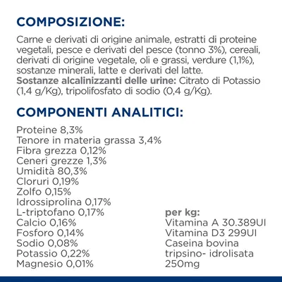 Composizione: carne, pesce (tonno 3%), cereali, verdure (1,1%), latte. Componenti analitici: proteine 8,3%, grassi 3,4%, umidità 80,3%, cloruri 0,19%, potassio 0,22%.