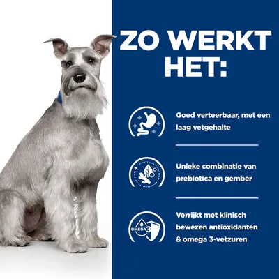 Текст на нидерландском: ZO WERKT HET: Goed verteerbaar, met een laag vetgehalte; Unieke combinatie van prebiotica en gember; Verrijkt met klinisch bewezen antioxidanten & omega 3-vetzuren.