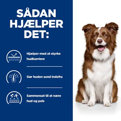 Sådan hjælper det: Hjælper med at styrke hudbarriere, gør huden sund indefra, sammensat til at nære hud og pels. Hund sidder ved siden af tekst og ikoner.