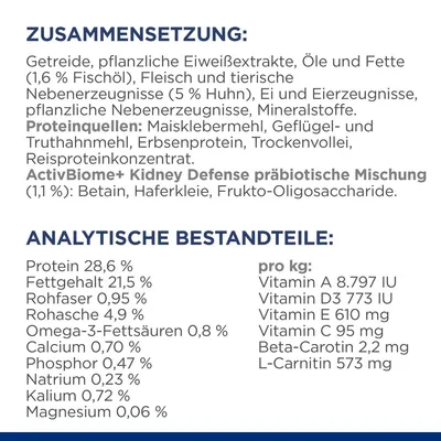 Zusammensetzung: Getreide, pflanzliche Eiweissextrakte, Fleisch (5 % Huhn), Fischöl (1,6 %). Analytische Bestandteile: Protein 28,6 %, Fettgehalt 21,5 %, Vitamine A, D3, E, C pro kg.