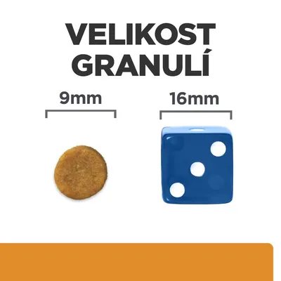 Velikost granulí: porovnání granule o průměru 9 mm a hrací kostky o straně 16 mm.