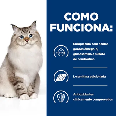 Como funciona: Enriquecido com ácidos gordos ómega-3, glucosamina e sulfato de condroitina. L-carnitina adicionada. Antioxidantes clinicamente comprovados.