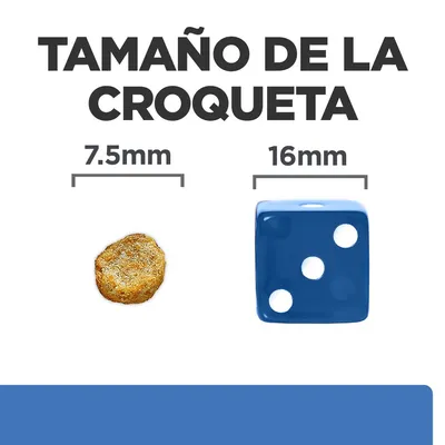 Tamaño de la croqueta: imagen comparativa con una croqueta de 7,5 mm y un dado azul de 16 mm. Texto visible: 'TAMAÑO DE LA CROQUETA', '7.5 mm', '16 mm'. Tamaño de la croqueta: imagen comparativa con una croqueta de 7,5 mm y un dado azul de 16 mm. Texto visible: 'TAMAÑO DE LA CROQUETA', '7.5 mm', '16 mm'.