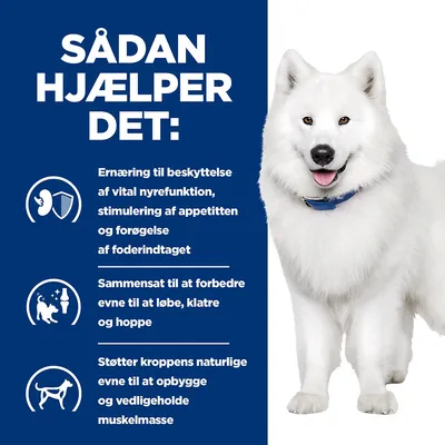 SÅDAN HJÆLPER DET: Ernæring til beskyttelse af vital nyrefunktion, stimulering af appetitten og forøgelse af foderindtaget. Sammensat til at forbedre evne til at løbe, klatre og hoppe. Støtter kroppens naturlige evne til at opbygge og vedligeholde muskelmasse.