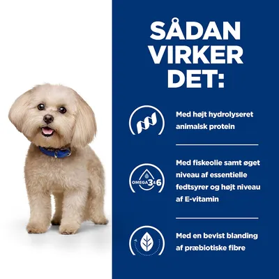 SÅDAN VIRKER DET: Med højt hydrolyseret animalsk protein. Med fiskeolie samt øget niveau af essentielle fedtsyrer og højt niveau af E-vitamin. Med en bevidst blanding af præbiotiske fibre.