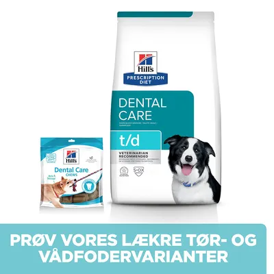 Hill's Prescription Diet Dental Care t/d tørfoder og Dental Care Chews. Tekst: Prøv vores lækre tør- og vådfodervarianter.