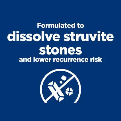 Formulated to dissolve struvite stones and lower recurrence risk. Szöveg angol nyelven, alatta áthúzott kristályokat ábrázoló ikon.