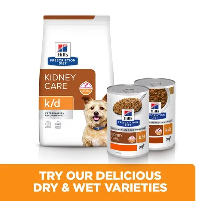 Hill's Prescription Diet Kidney Care k/d dry food bag and two wet food cans with text: Try our delicious dry & wet varieties.