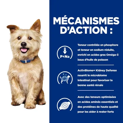 MÉCANISMES D’ACTION : teneur contrôlée en phosphore et sodium, Oméga-3 d’huile de poisson, ActivBiome+ Kidney Defense pour le microbiome, acides aminés essentiels et protéines de qualité.