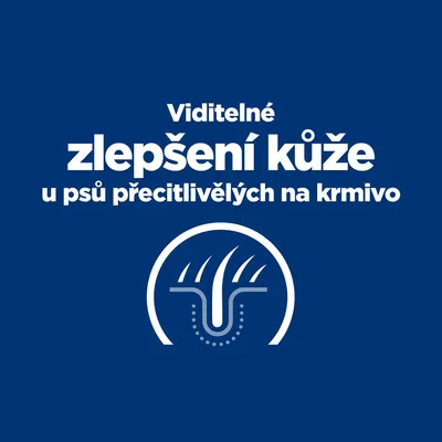 Text v češtine: Viditelné zlepšení kůže u psů přecitlivělých na krmivo. Text nie je v slovenčine.