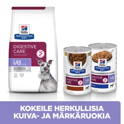 Hill's Prescription Diet Digestive Care i/d low fat -kuivaruoka ja kaksi märkäruokapurkkia koirille. Teksti: Kokeile herkullisia kuiva- ja märkäruokia.