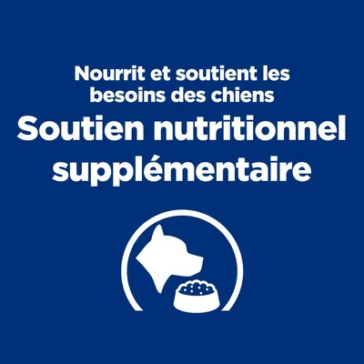 Nourrit et soutient les besoins des chiens. Soutien nutritionnel supplémentaire. Texte en français avec icône de tête de chien et gamelle.