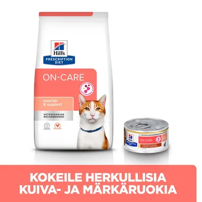 Hill's Prescription Diet ON-CARE kissanruoka, kuivaruokapussi ja märkäruokapurkki. Teksti: Kokeile herkullisia kuiva- ja märkäruokia.