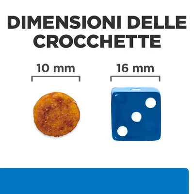 Dimensioni delle crocchette: diametro 10 mm, confronto con dado blu da 16 mm. Testo visibile: 'DIMENSIONI DELLE CROCCHETTE', '10 mm', '16 mm'.