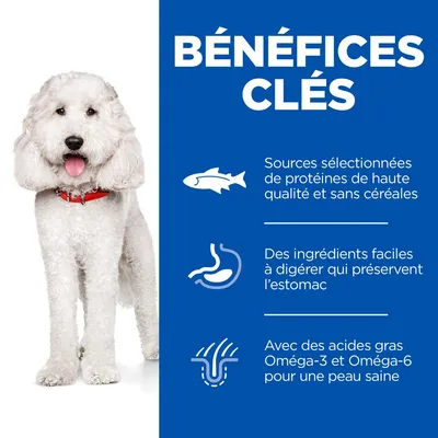 BÉNÉFICES CLÉS : Sources sélectionnées de protéines de haute qualité et sans céréales, ingrédients faciles à digérer, acides gras Oméga-3 et Oméga-6 pour une peau saine.
