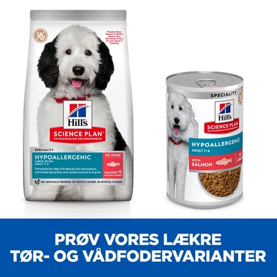 Hill's Science Plan Speciality Hypoallergenic tørfoder og vådfoder til hund, Adult 1–6, med laks, no grain. Prøv vores lækre tør- og vådfodervarianter.