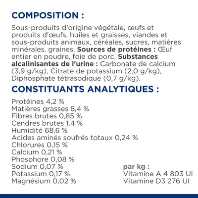 Composition : sous-produits végétaux, œufs, huiles, viandes, céréales, sucres. Constituants analytiques : protéines 4,2 %, matières grasses 8,4 %, humidité 68,6 %, vitamines A et D3.