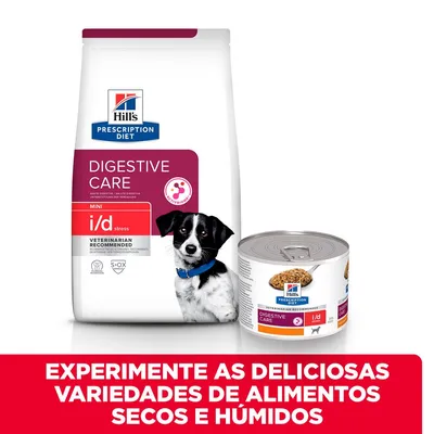 Hill's Prescription Diet Digestive Care MINI i/d Stress para cães, embalagem de ração seca e lata de alimento húmido. Texto: Experimente as deliciosas variedades de alimentos secos e húmidos.