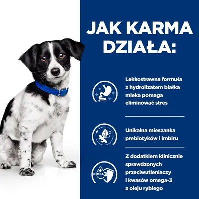 Jak karma działa: lekkostrawna formuła z hydrolizatem białka mleka pomaga eliminować stres, unikalna mieszanka prebiotyków i imbiru, przeciwutleniacze i kwasy omega-3 z oleju rybiego.