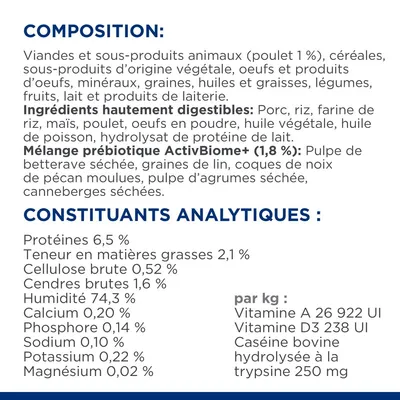 Composition : viandes et sous-produits animaux (poulet 1 %), céréales, légumes, lait. Constituants analytiques : protéines 6,5 %, matières grasses 2,1 %, humidité 74,3 %, calcium 0,20 %.