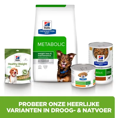 Hill's Prescription Diet Metabolic droog- en natvoer, Healthy Weight Treats en blikvoeding voor honden. Tekst: Probeer onze heerlijke varianten in droog- & natvoer.