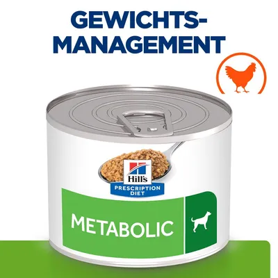 Hill's Prescription Diet Metabolic Nassfutter für Hunde, Geschmacksrichtung Huhn, unterstützt Gewichtsmanagement.