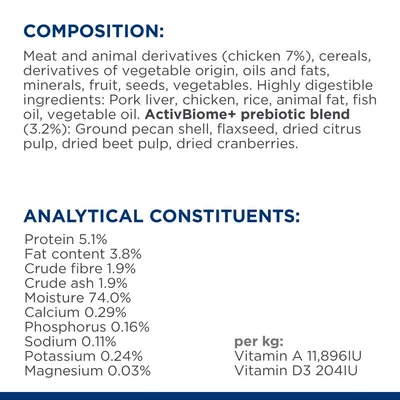 Composition: meat and animal derivatives (chicken 7%), cereals, oils, minerals, fruit, seeds, vegetables. Analytical constituents: protein 5.1%, fat 3.8%, moisture 74%.