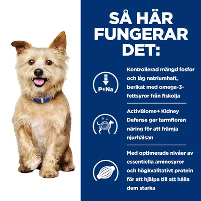 Så här fungerar det: Kontrollerad mängd fosfor och låg natriumhalt, berikat med omega-3-fettsyror från fiskolja. ActivBiome+ Kidney Defense ger tarmfloran näring för njurhälsa. Optimerade nivåer av essentiella aminosyror och högkvalitativt protein.