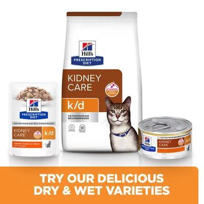 Hill's Prescription Diet Kidney Care k/d food shown in dry and wet varieties, with text stating 'Try our delicious dry & wet varieties'.
