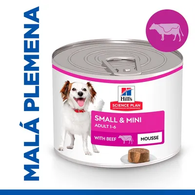 Konzerva Hill's Science Plan Small & Mini Adult 1–6 with Beef Mousse, obrázek psa, text MALÁ PLEMENA, ilustrace krávy.
