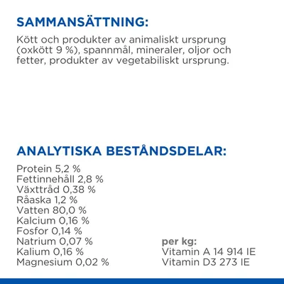 Sammansättning: kött och produkter av animaliskt ursprung (oxkött 9 %), spannmål, mineraler, oljor och fetter, vegetabiliska produkter. Analytiska beståndsdelar: protein 5,2 %, fett 2,8 %, vatten 80 %, vitamin A 14 914 IE/kg, vitamin D3 273 IE/kg.