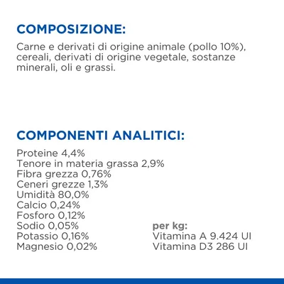 Composizione: carne e derivati animali (pollo 10%), cereali, derivati vegetali, minerali, oli e grassi. Componenti analitici: proteine 4,4%, grassi 2,9%, umidità 80%, vitamine A e D3.
