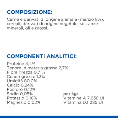 Composizione: carne e derivati animali (manzo 8%), cereali, derivati vegetali, minerali, oli e grassi. Componenti analitici: proteine 4,4%, grassi 2,7%, umidità 80%, vitamine A e D3.
