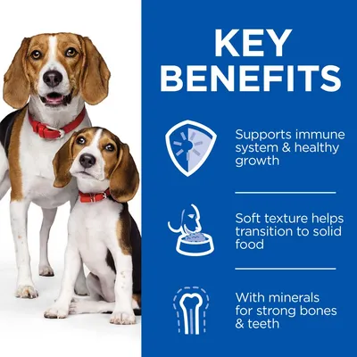 Tekst: Key benefits. Supports immune system & healthy growth. Soft texture helps transition to solid food. With minerals for strong bones & teeth. Tekst na engleskom jeziku.