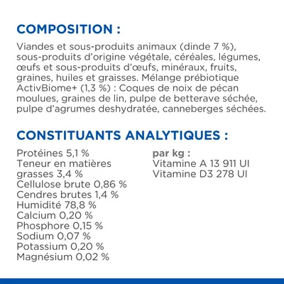 Composition : dinde 7 %, céréales, légumes, œufs, minéraux, fruits, graines. Constituants analytiques : protéines 5,1 %, matières grasses 3,4 %, humidité 78,8 %, vitamine A 13 911 UI/kg. Composition : dinde 7 %, céréales, légumes, œufs, minéraux, fruits, graines. Constituants analytiques : protéines 5,1 %, matières grasses 3,4 %, humidité 78,8 %, vitamine A 13 911 UI/kg.