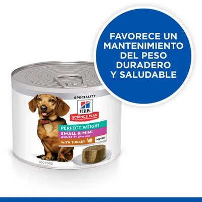 Hill's Science Plan Perfect Weight Small & Mini Adult 1+ up to 10 kg with Turkey Mousse. Favorece un mantenimiento del peso duradero y saludable.