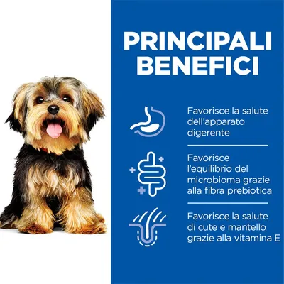 Principali benefici: favorisce la salute dell’apparato digerente, l’equilibrio del microbioma grazie alla fibra prebiotica e la salute di cute e mantello grazie alla vitamina E.