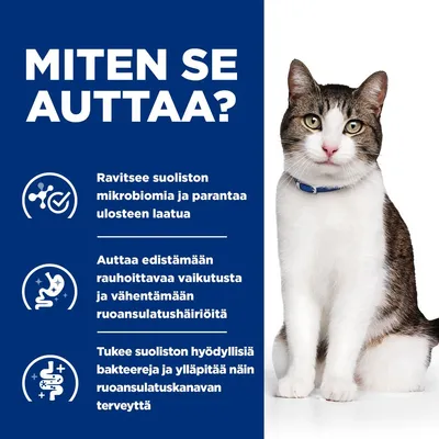 MITEN SE AUTTAA? Ravitsee suoliston mikrobiomia ja parantaa ulosteen laatua. Auttaa edistämään rauhoittavaa vaikutusta ja vähentämään ruoansulatushäiriöitä. Tukee hyödyllisiä bakteereja.