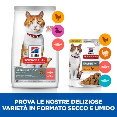 Hill's Science Plan Sterilised Cat Adult 1–6 con salmone, confezione secca e umida con pollo. Testo: Prova le nostre deliziose varietà in formato secco e umido.